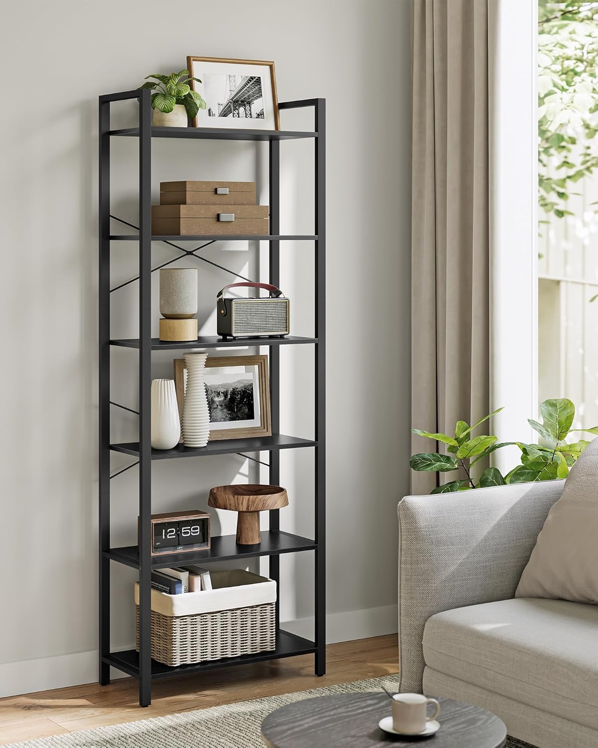 VASAGLE 6-Tier Industrial Bookshelf – Ebony Black Metal Bookcase for Home & Office 30 x 66 x 186 cm