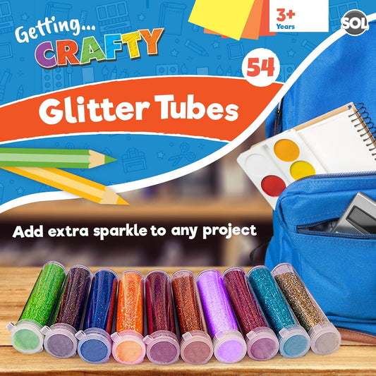 SOL 54pk Kids Glitter Tubes in 10 Assorted Vibrant Colours - Fine Glitter for Arts and Crafts, Slime, Card Making, Nail Art, and Decorations - Easy-Pour Shaker Pots for Kids and Adults