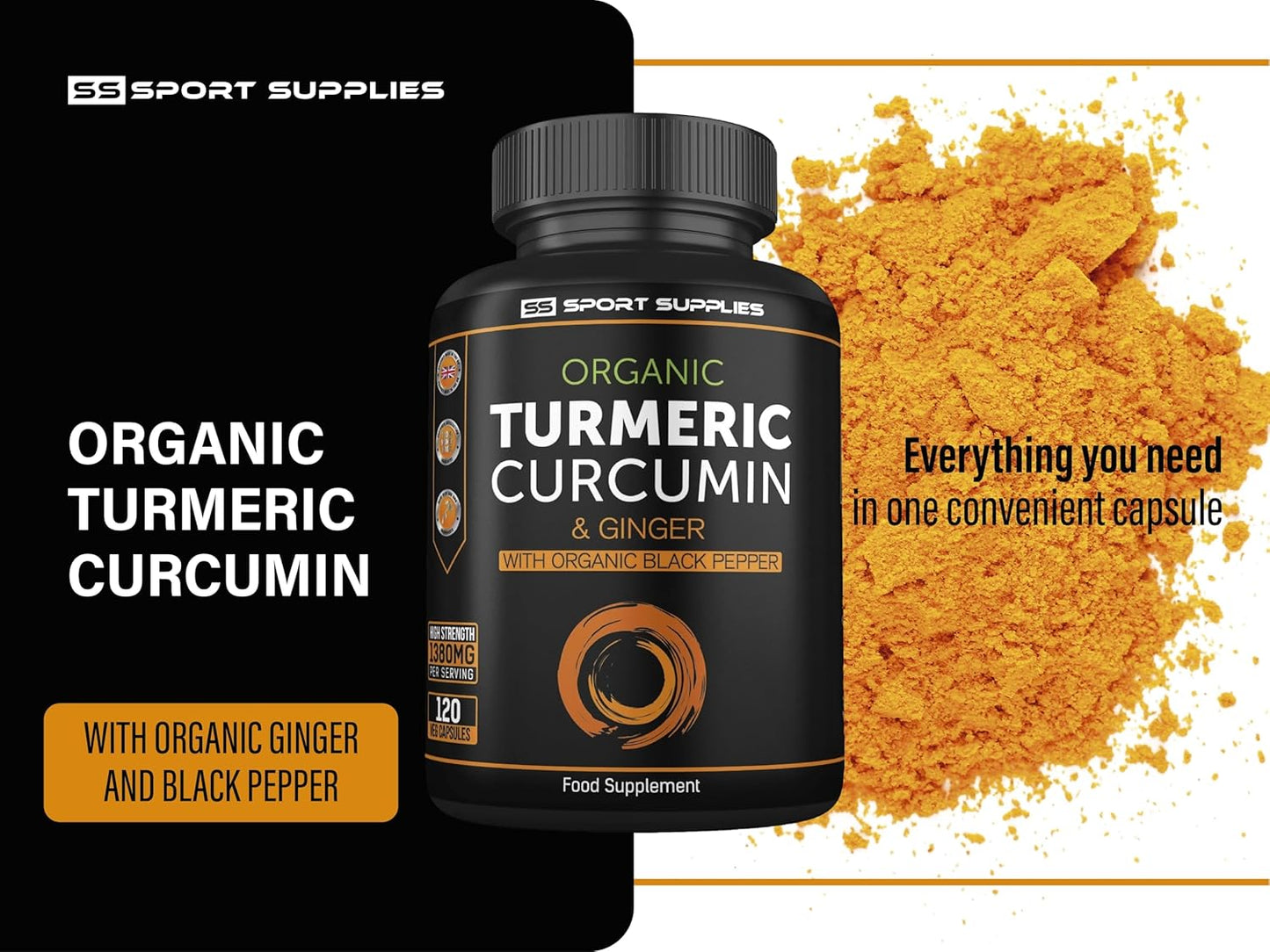Organic Turmeric Capsules 1380mg with Ginger & Black Pepper β High Strength Curcumin