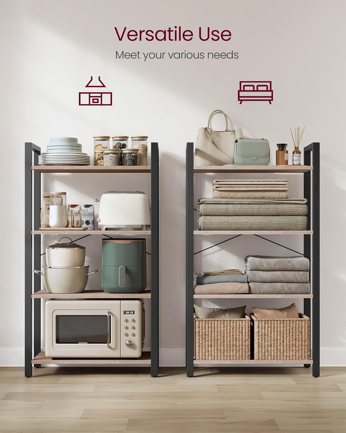 VASAGLE 4-Tier Industrial Bookshelf – Rustic Bookcase for Home & Office, Greige/Black 30 x 66 x 120 cm