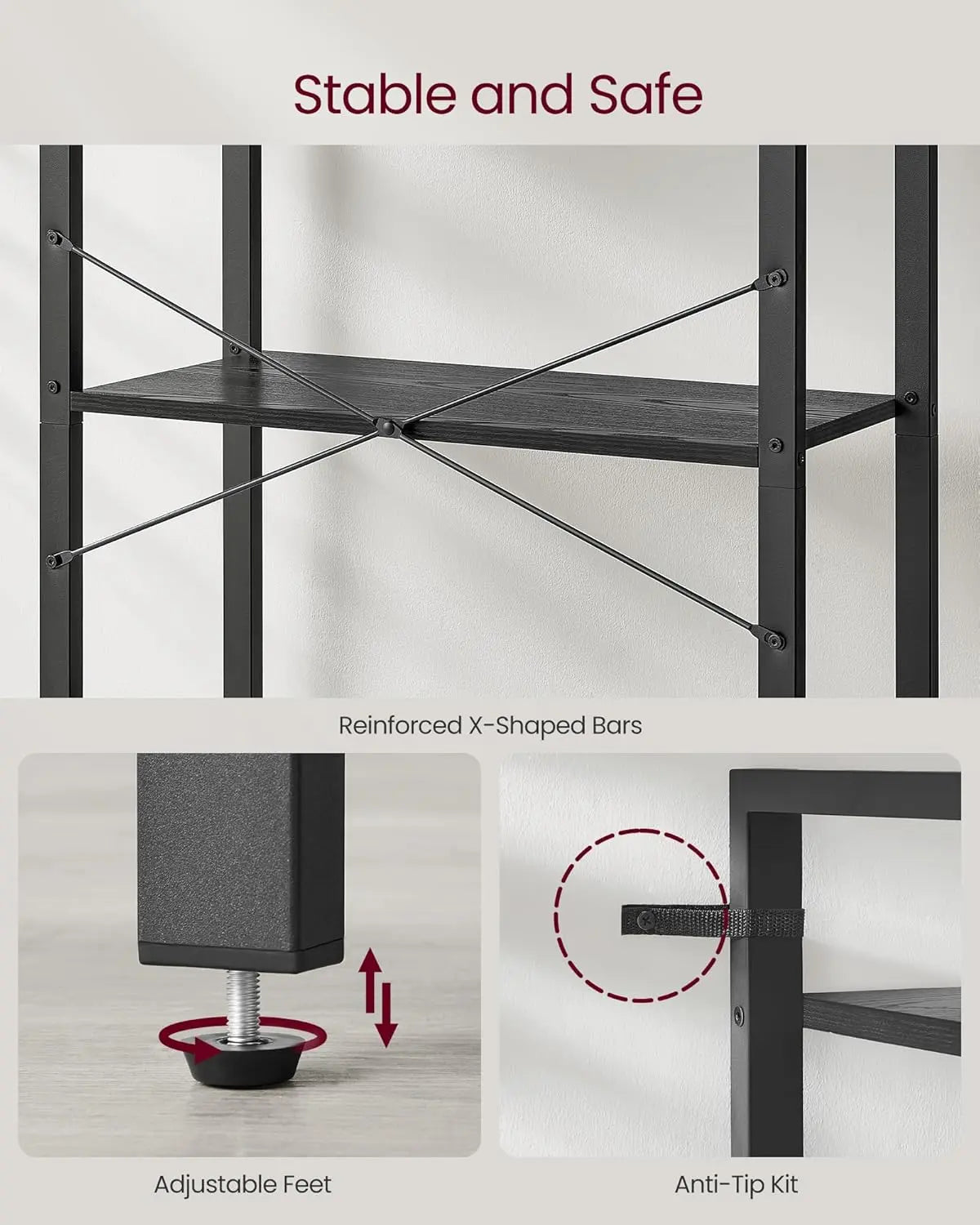 VASAGLE 5-Tier Industrial Bookshelf – Modern Bookcase for Office, Living Room, Bedroom – Ebony & Ink Black Shelving Unit, 30x66x153 cm, Durable & Stylish Storage