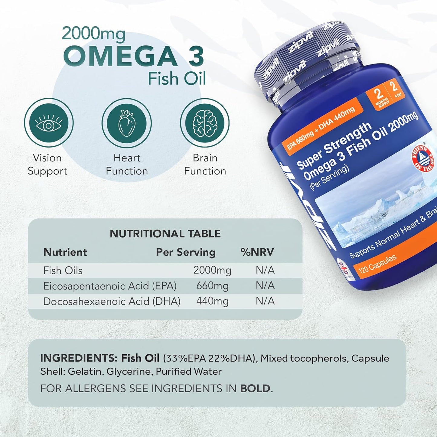 Omega 3 Fish Oil 2000mg β 120 Softgels | Heart, Brain & Eye Support | 2-Month Supply