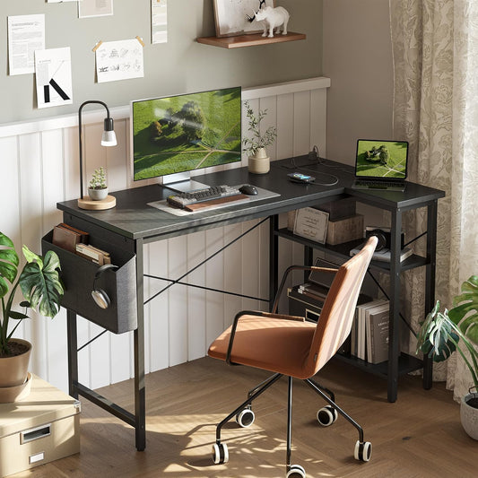 L Shaped Computer Desk with Outlets – Gaming & Office Table with Storage Shelf