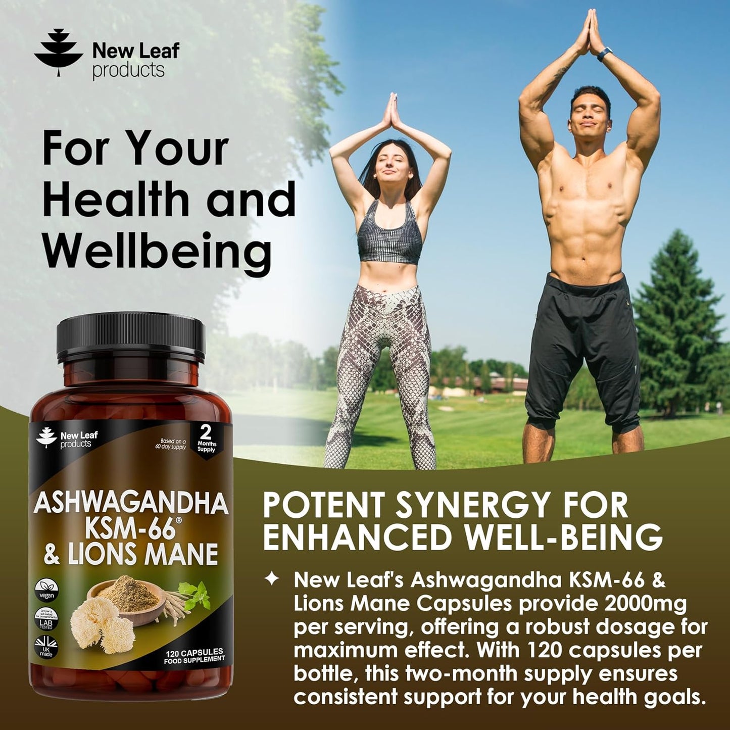 Ashwagandha KSM-66 & Lionโs Mane 2000mg โ 120 Vegan Capsules with Black Pepper