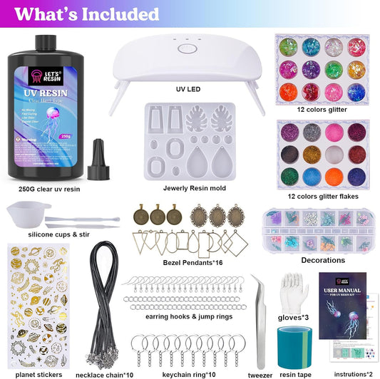 UV Resin Kit with Lamp – 153Pcs Jewelry Making Set with 250g Clear Low Odor Resin