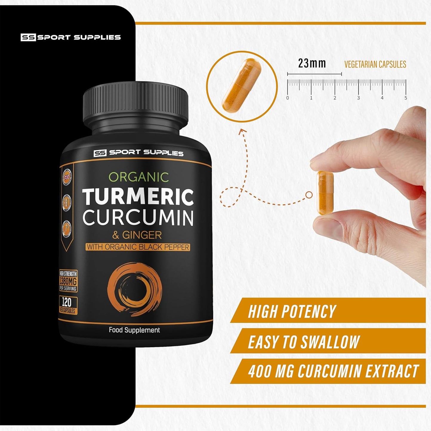 Organic Turmeric Capsules 1380mg with Ginger & Black Pepper β High Strength Curcumin