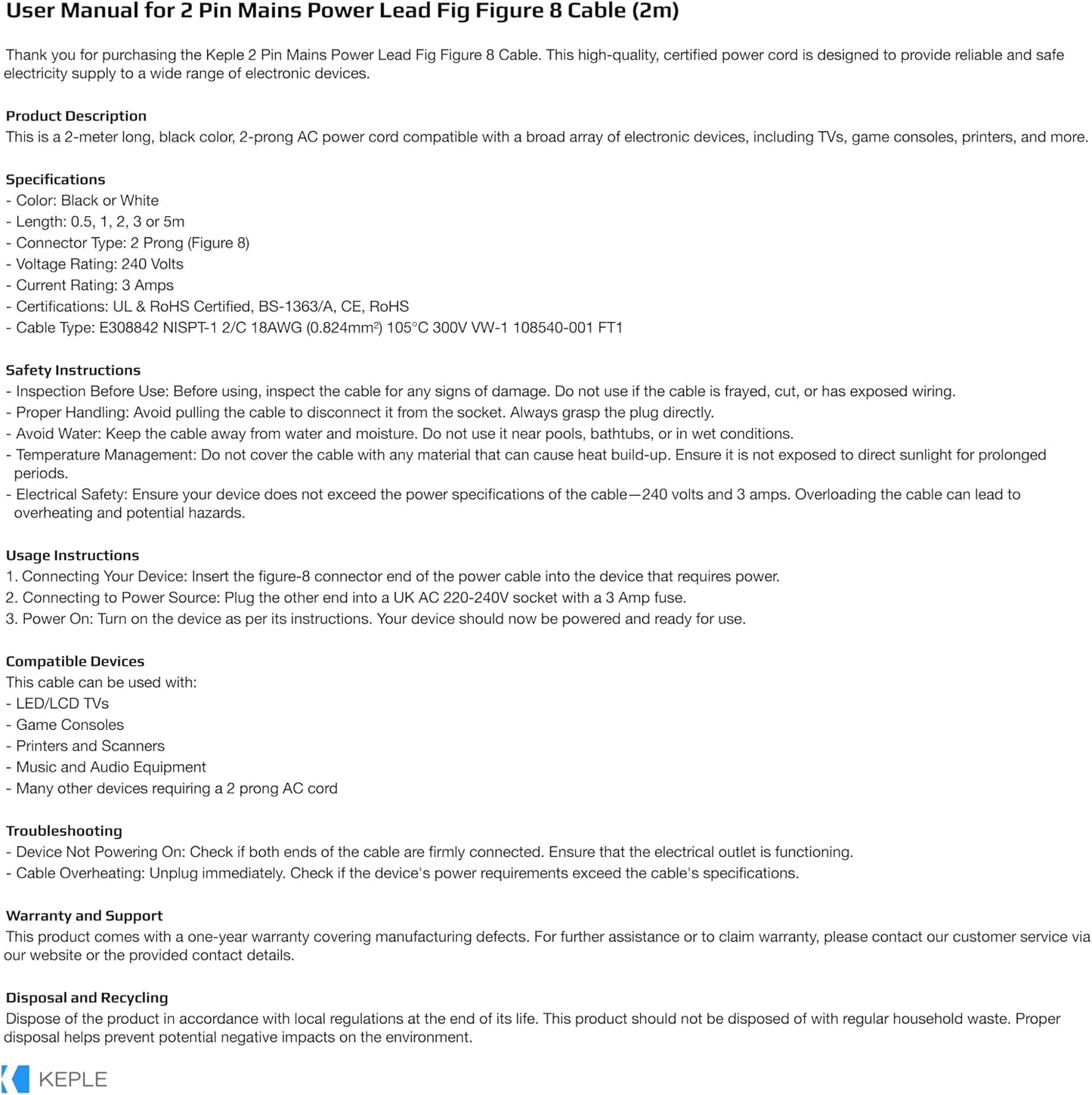 2-Pin Figure 8 Power Cable Lead 2m – PS4 PS5 Xbox TV Printer Laptop Charger UK Plug