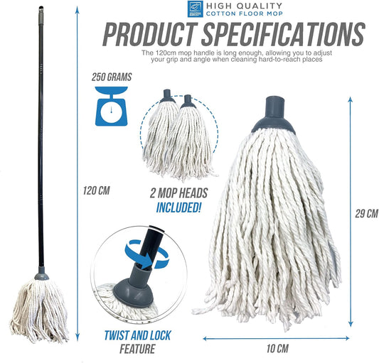 Cotton Floor Mop System With Super Absorbent Head, 110cm Metal Handle and Extra Refill - Effective Cleaning For Home, Office and Commercial Use