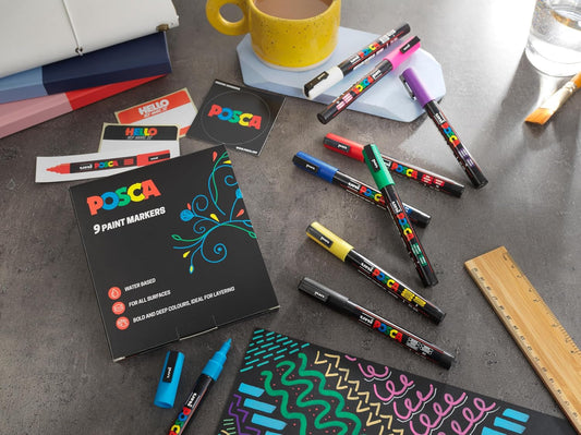 Posca Paint Pens, Permanent Markers, Water-Based, Ideal for Rock Painting, Canvas, Glass, Wood, Metal, Fabric, Colouring, Arts and Crafts for Kids and Adults, Fade Resistant (Standard - 3M - 9pc)