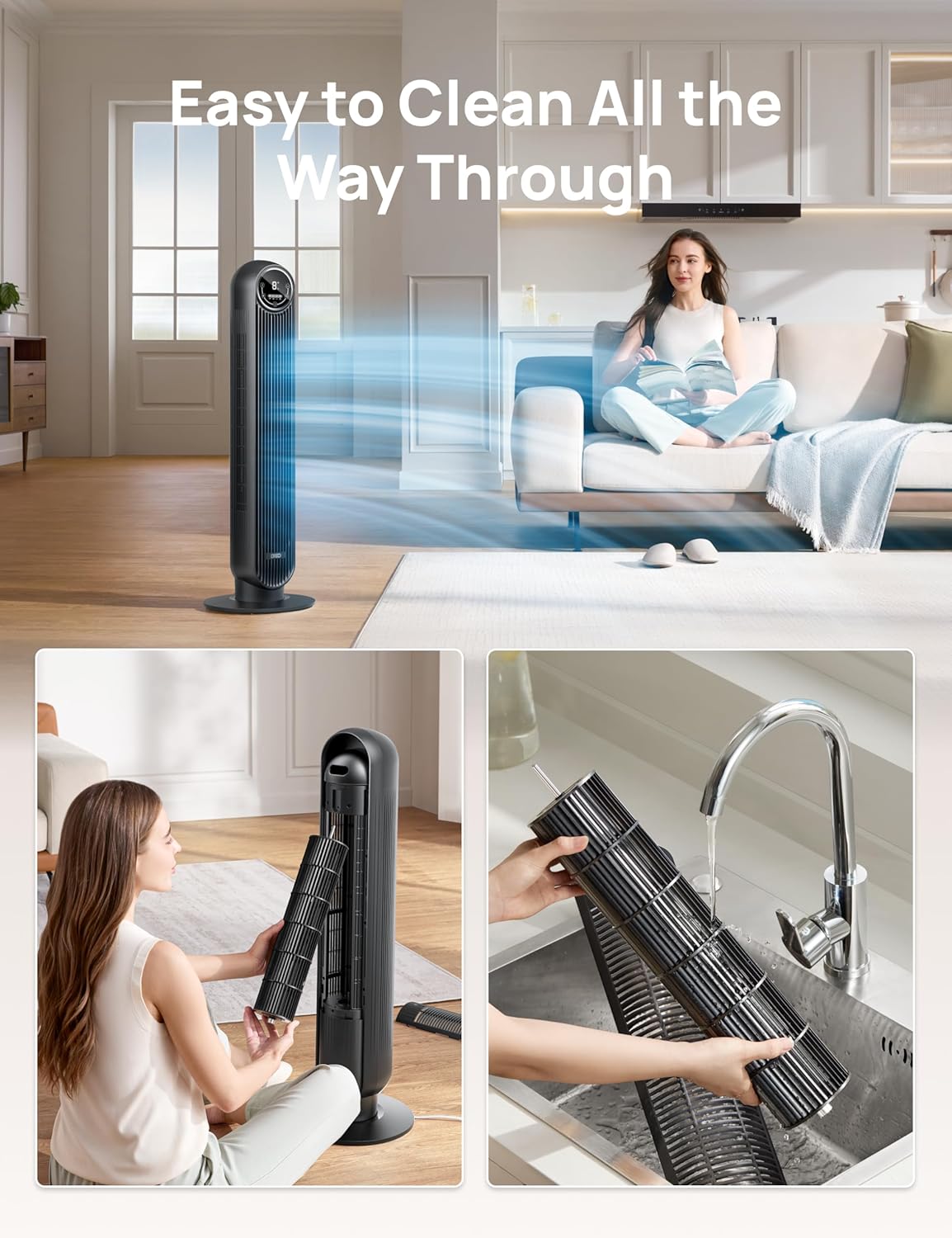 Dreo Silent Tower Fan 28dB, Bladeless 4-Speed Cooling Fan w/ Remote & Timer