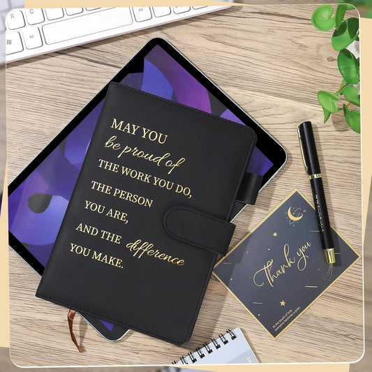Thank You Gifts Employee Appreciation Gift Inspirational A5 Notebook Pen and Greeting Card Gift Set Friendship Leaving Gifts for Colleagues Women Men Coworker Nurse Teacher Employee (Black)