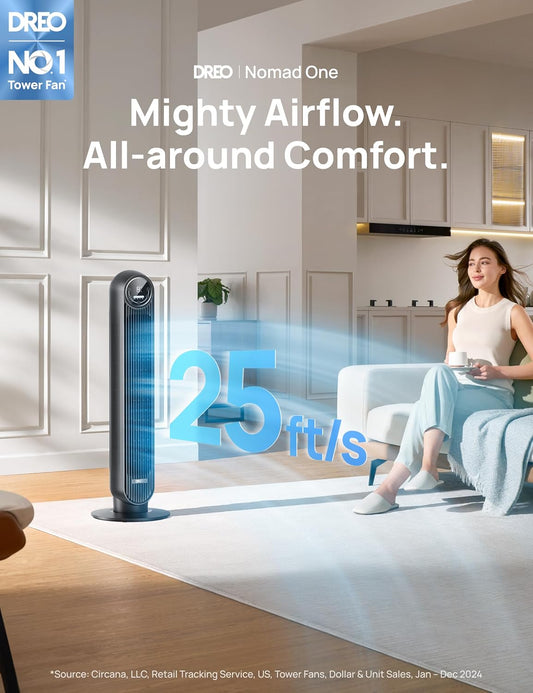 Dreo Silent Tower Fan 28dB, Bladeless 4-Speed Cooling Fan w/ Remote & Timer