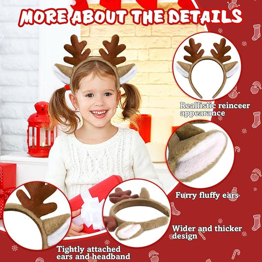 Reindeer Antlers, Christmas Headbands Animal Ears Hairband with Red Nose Halloween Deer Headwear Festive Cosplay Party for Adults Women Girl Kids, Brown