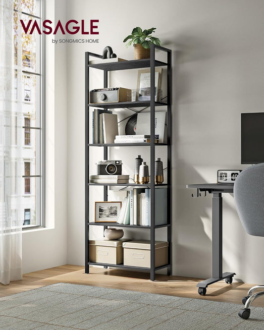 VASAGLE 6-Tier Industrial Bookshelf – Ebony Black Metal Bookcase for Home & Office 30 x 66 x 186 cm