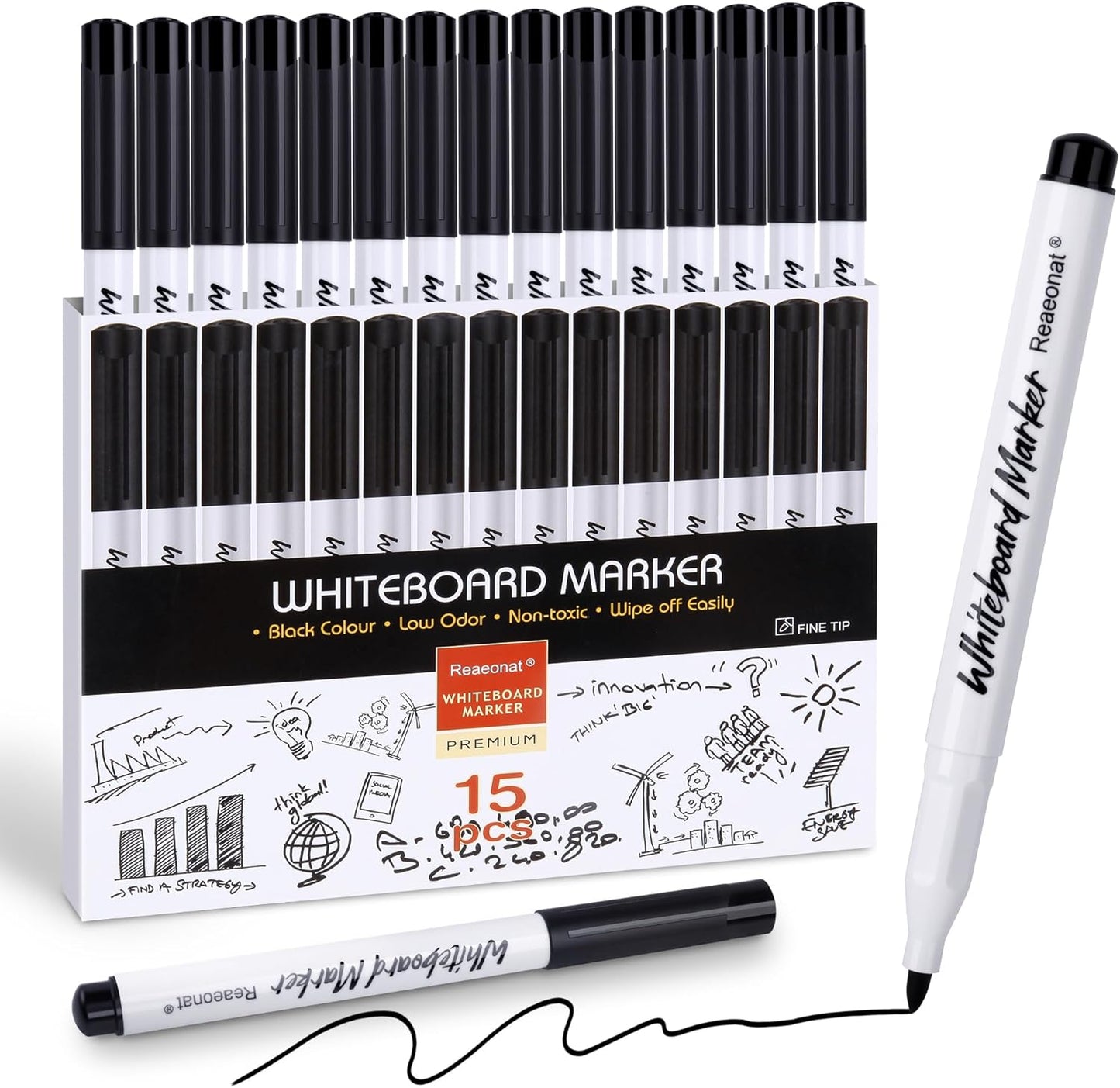 Black Whiteboard Markers, 15 Pack Dry Erase 0.7mm Fine Tip White Board Pens Ink Marker for Home, School & Office Uses