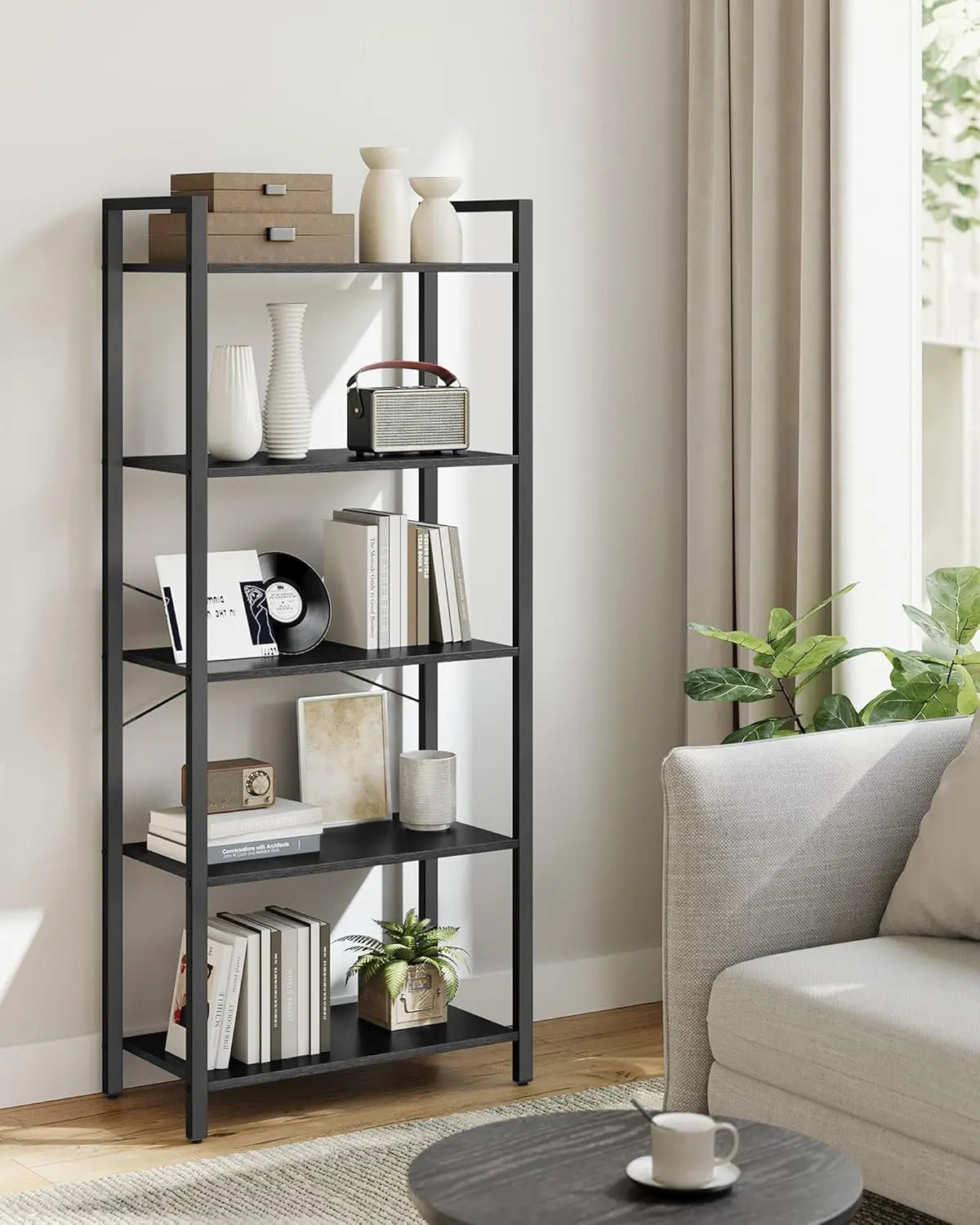 VASAGLE 5-Tier Industrial Bookshelf – Modern Bookcase for Office, Living Room, Bedroom – Ebony & Ink Black Shelving Unit, 30x66x153 cm, Durable & Stylish Storage