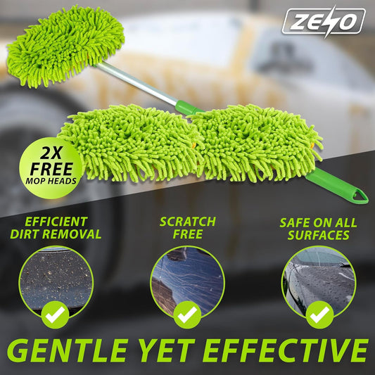 Car Cleaning Brush – Includes 2 Ultra-Soft Mop Heads & Extendable Pole (53–104cm) for Scratch-Free Effortless Shine