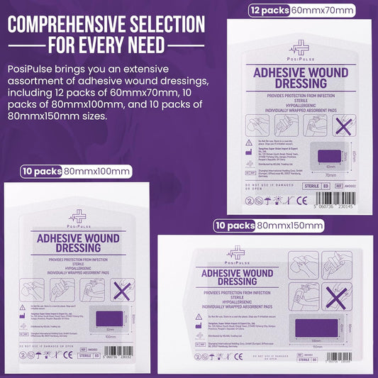 Posi Pulse Assorted Adhesive Wound Dressings - 32 Packs for Protection from Infection, Sterile Individually Wrapped, Hypoallergenic, Breathable, Absorbent for Cuts, Grazes, Ulcers, Sores