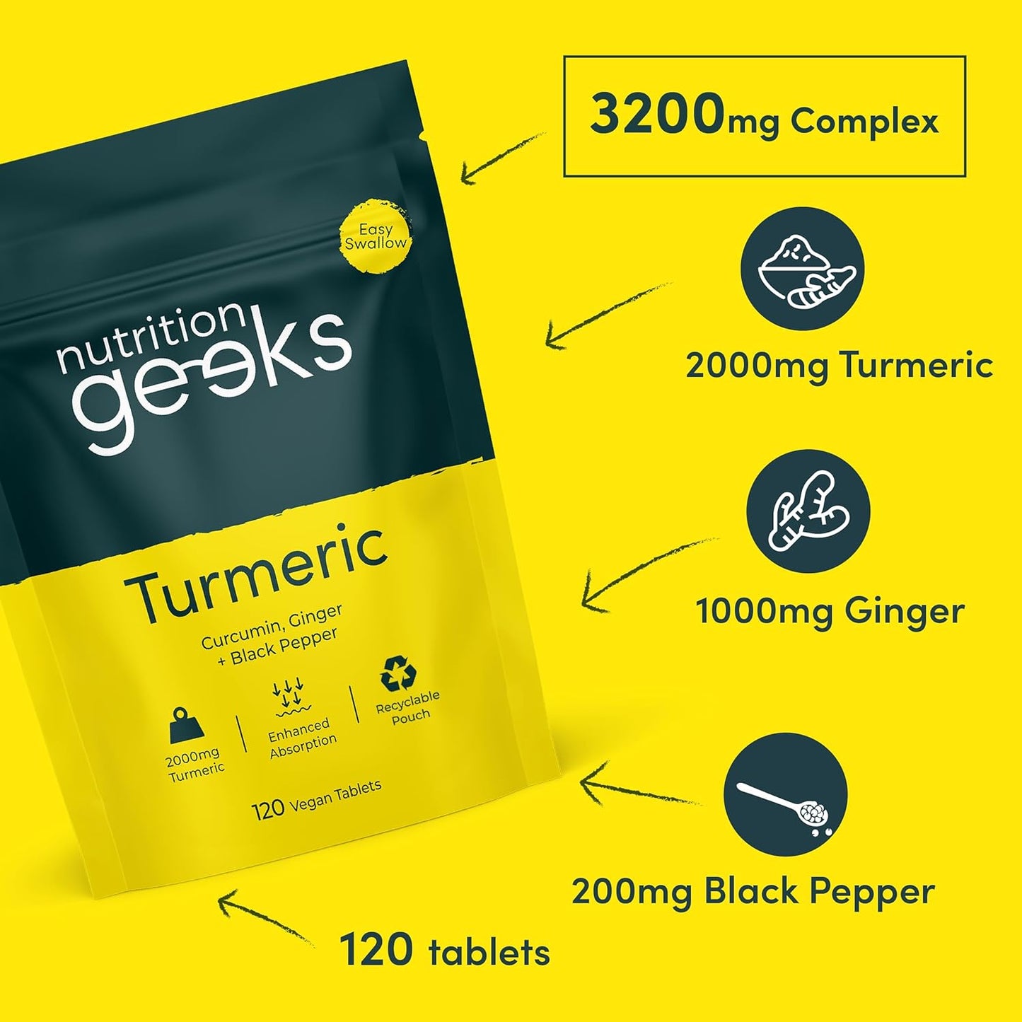 Turmeric 2000mg with Black Pepper & Ginger β 120 Vegan Tablets β UK Made Supplement