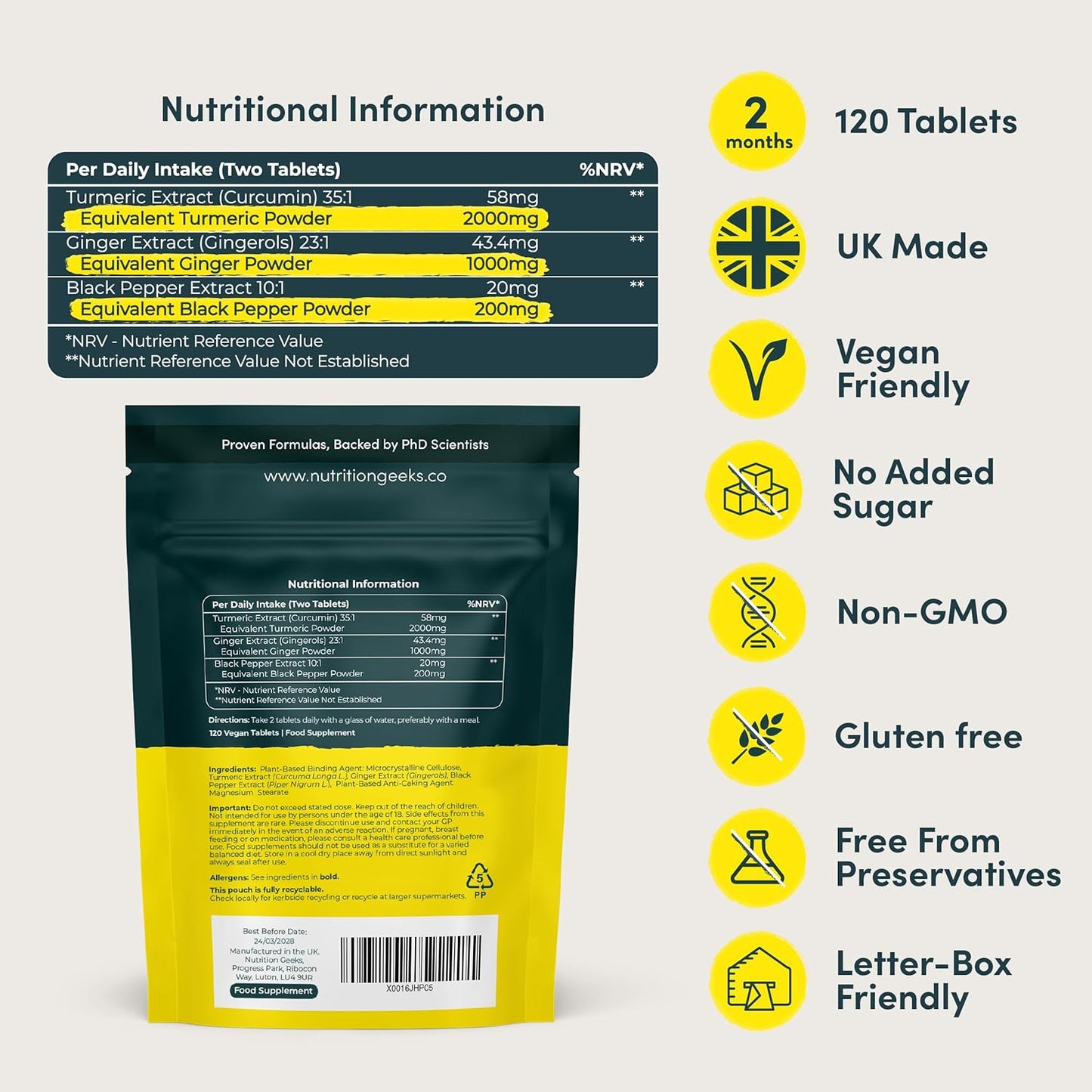 Turmeric 2000mg with Black Pepper & Ginger β 120 Vegan Tablets β UK Made Supplement