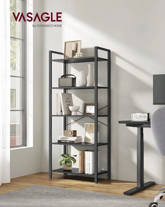VASAGLE 5-Tier Industrial Bookshelf – Modern Bookcase for Office, Living Room, Bedroom – Ebony & Ink Black Shelving Unit, 30x66x153 cm, Durable & Stylish Storage