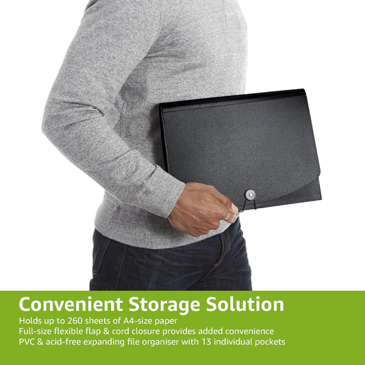 A4 Expanding File Folder – Black Document Organizer with Pockets for Office & School