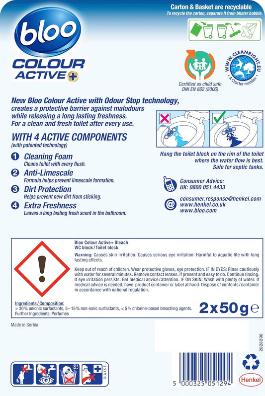 Bloo Toilet Rim Block, Bleach & Anti-Limescale, Fresh Scent, Pack of 2 Blocks