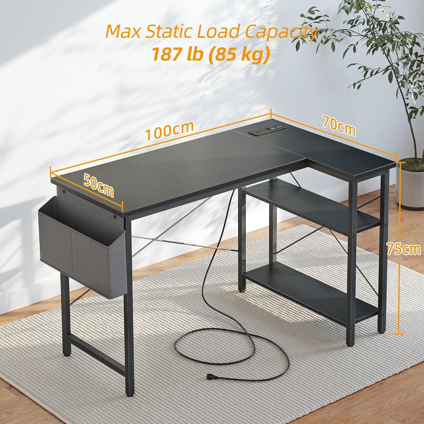 L Shaped Computer Desk with Outlets β Gaming & Office Table with Storage Shelf