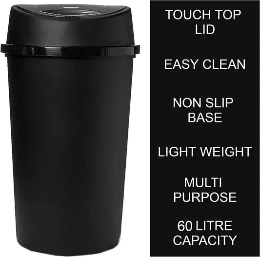 60L Black Touch Top Kitchen Bin – Large Plastic Rubbish Waste Dustbin for Home
