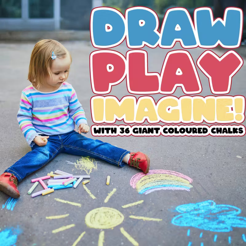 36 Giant Coloured Chalks Chunky Pavement Washable Fun For Children 6 Colours - Garden School Drawing Games - Artists Imagination - Toddler - Chalkbard - Pavement