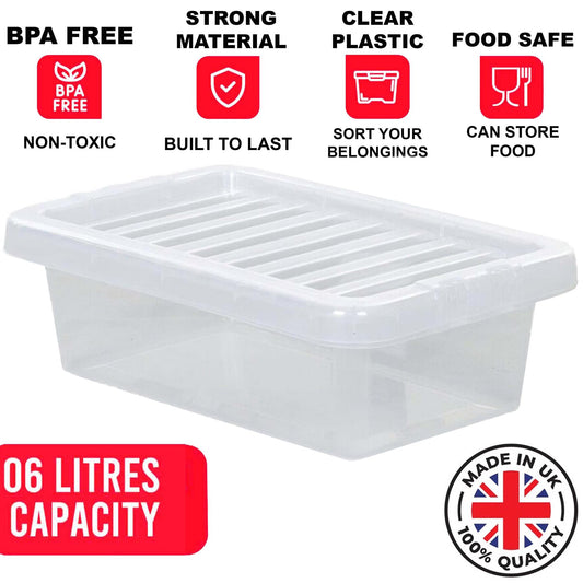 Clear Plastic Storage Boxes with Lids Stackable Box Home Office Kitchen UK Made