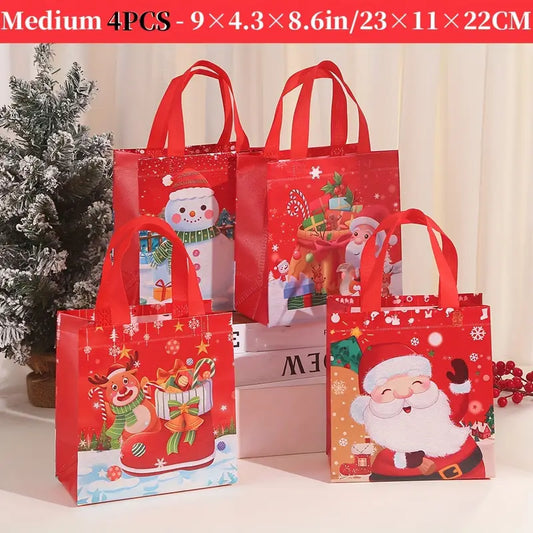 4Pcs Christmas Gift Bags with Handles - Festive Santa, Snowman & Reindeer Designs