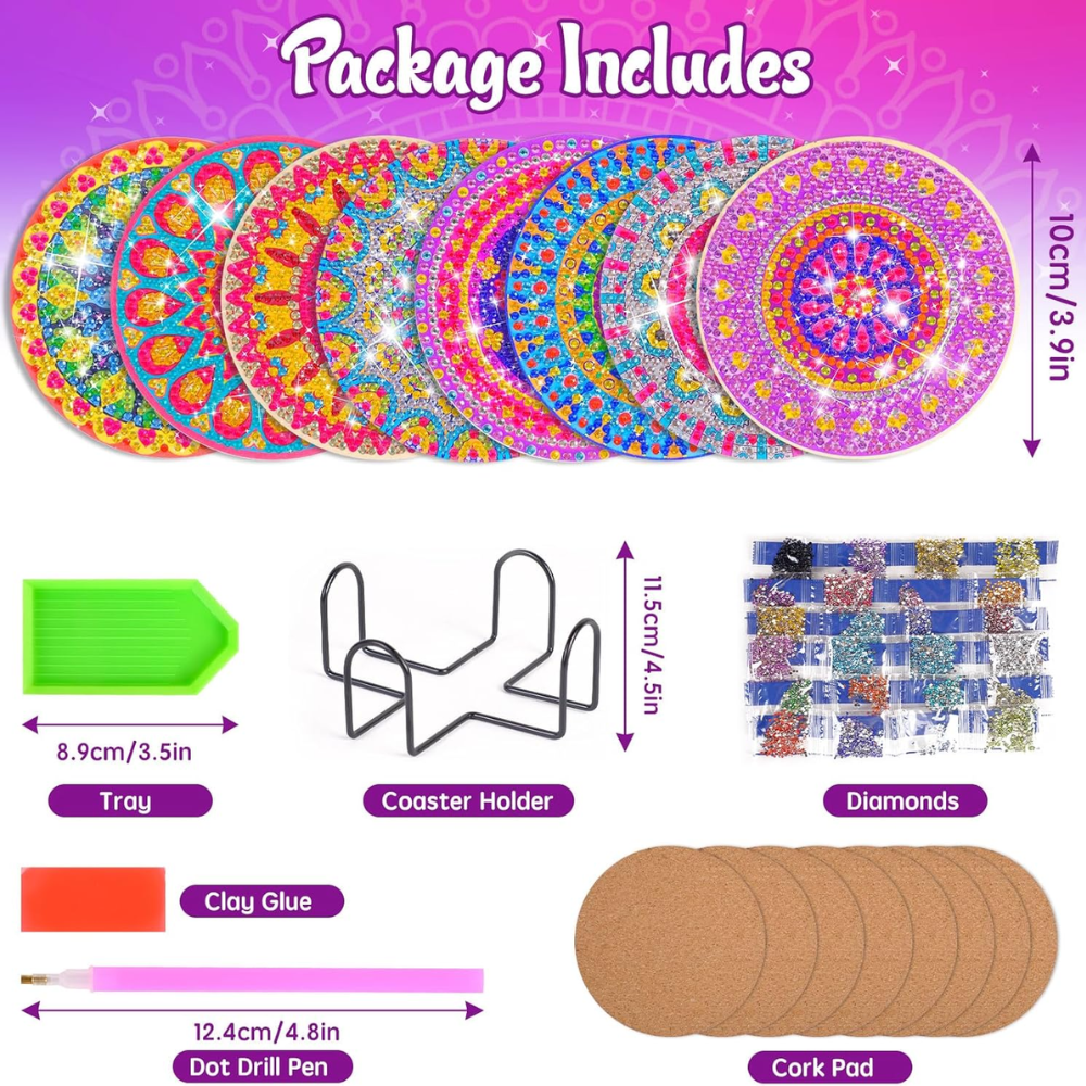 Jovicos Craft Kits for Girl 6 7 8 9 10 Years Olds, 8 PCS Diamond Painting Coaster with Holder, 5D Mandala Diamond Painting Art Craft for Kids Adult,
