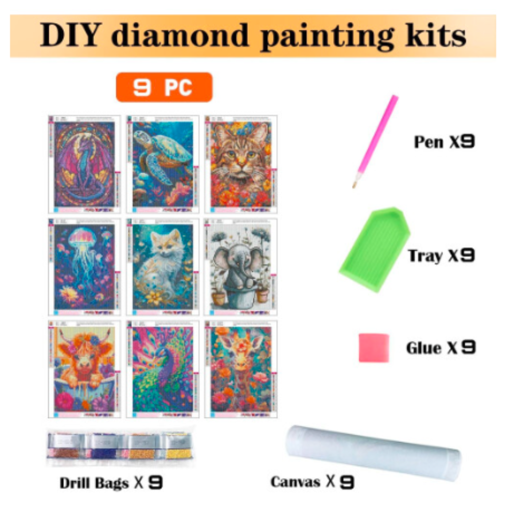 BEAYIOU 9 Pack Animal Diamond Painting Kits for Adults?5D DIY Cow Elephant Dragon Diamond Art Kits for Beginners Round Full Drill Painting with
