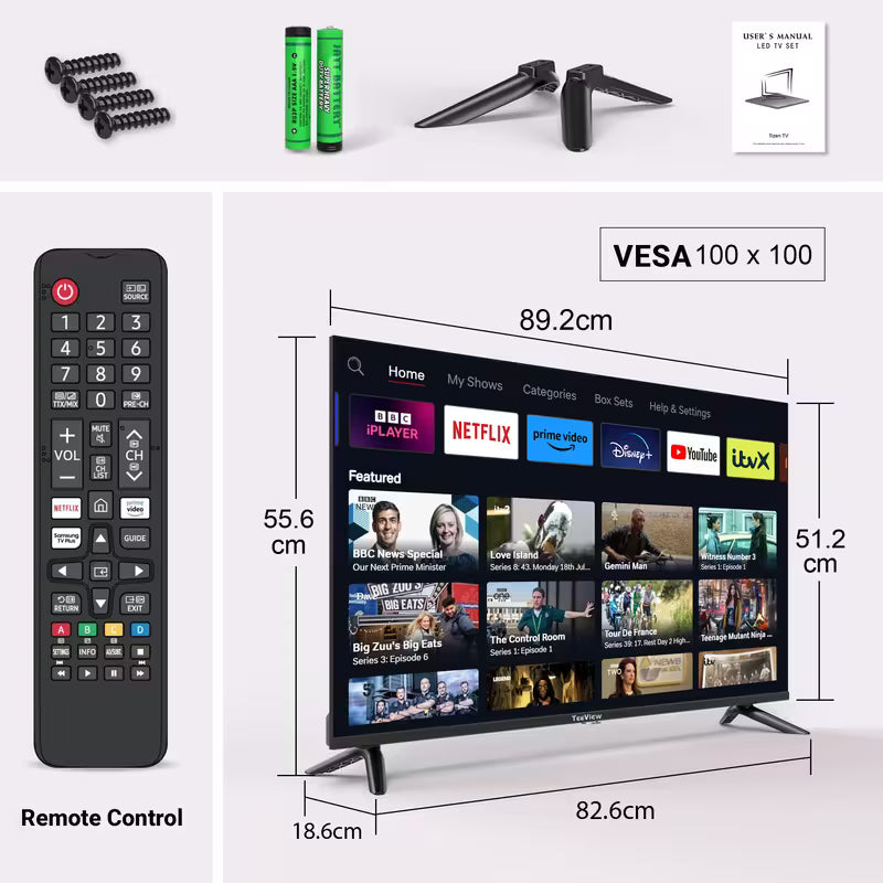 40 inch Full HD Smart TV powered by Tizen 3 HDMI 2 USB RJ45 TeeView - TV40QFT-UK