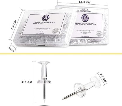 NEDBLUE Clear Push Pins - 120 Drawing Pins with Storage Box, Thumb Tacks for Cork, Notice and Bulletin Boards - Map Pins (Clear)