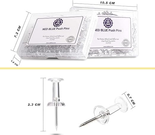 NEDBLUE Clear Push Pins - 120 Drawing Pins with Storage Box, Thumb Tacks for Cork, Notice and Bulletin Boards - Map Pins (Clear)