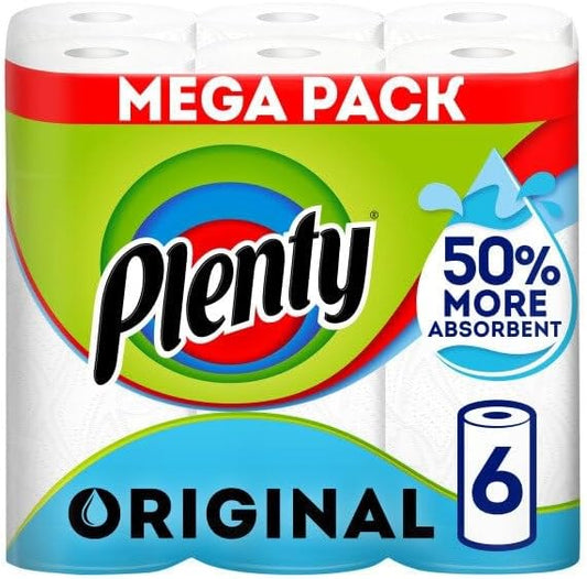 Plenty Kitchen Towels 6 Rolls – 2-Ply, 600 Strong & Absorbent Sheets for Cleaning