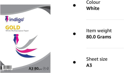 Indigo® A3 White Multipurpose Copier Paper – 80gsm, Ideal for Printing, Copying & Office Use (100 Sheets)