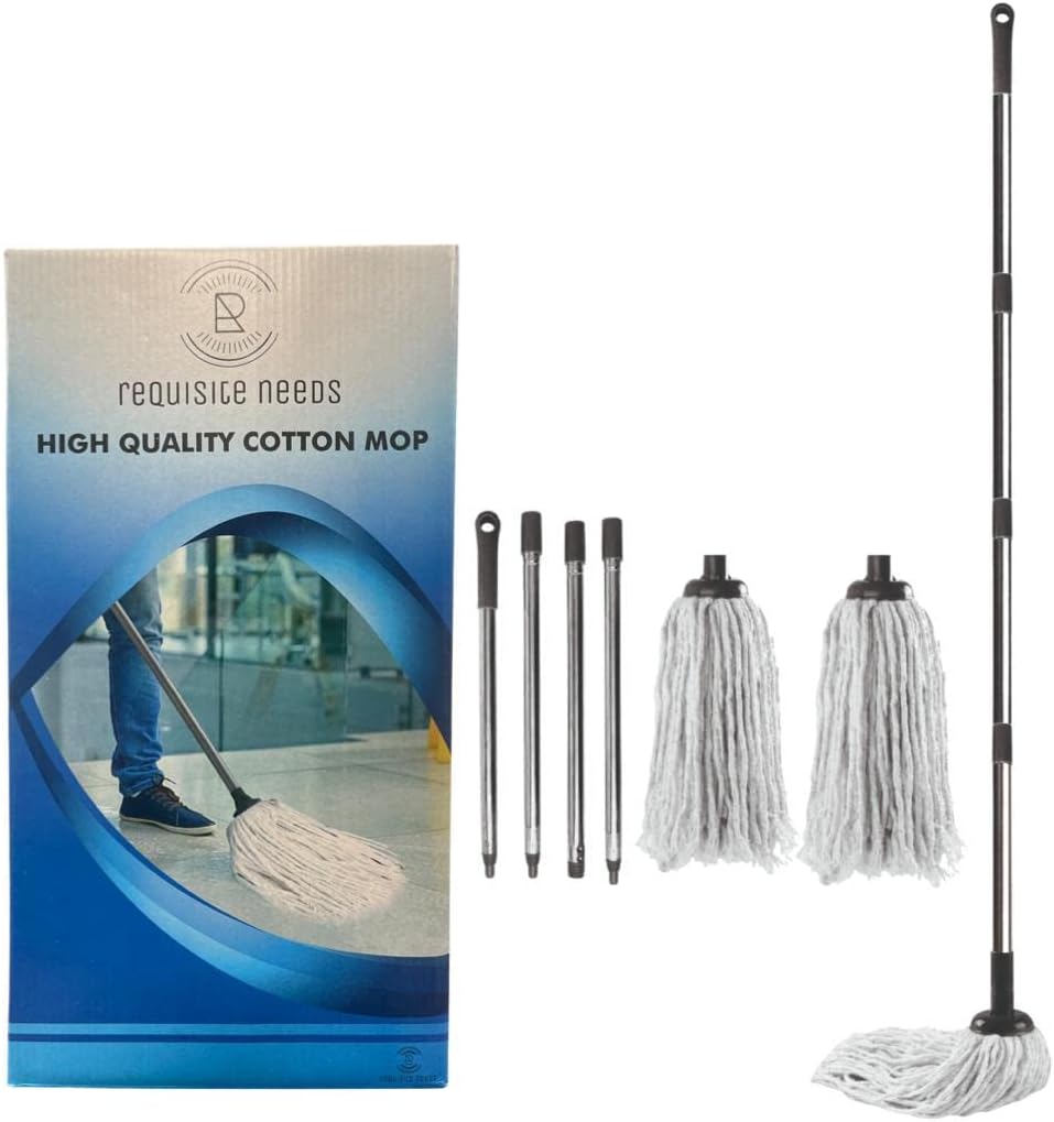 Requisite Needs long cotton floor mop – Looped string mop with detachable head and handle – ergonomic design – lightweight and easy to use – Includes 2 Cotton strings mop heads