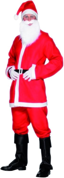 Smiffys Men's Deluxe Santa Suit Costume, Father Christmas Outfit with Jacket, Trousers, Beard, Hat & Belt, Perfect for Christmas Fancy Dress & Holiday Parties, Santa Adult Dress Up Outfits