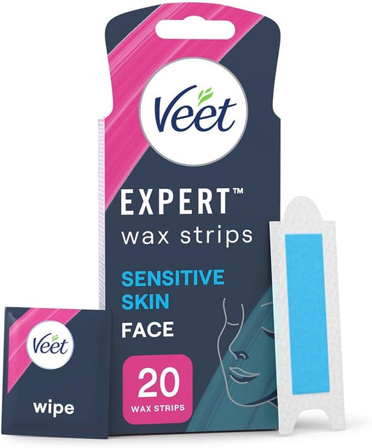 Veet Wax Strips for Sensitive Skin – 20 Cold Strips + 4 Wipes for Facial & Eyebrow