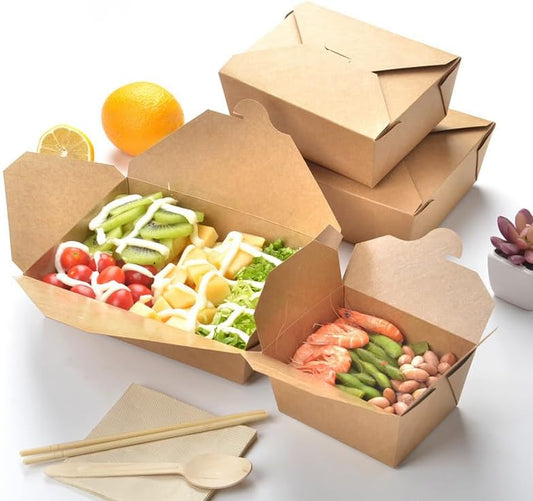 HOT BARGAINS 50 X No.1 / 750ml Takeaway Food Snack Boxes Cardboard Leak Proof Design Biodegradable Kraft Food Containers (130/112x106/90x65mm-750ml/26oz) (50)