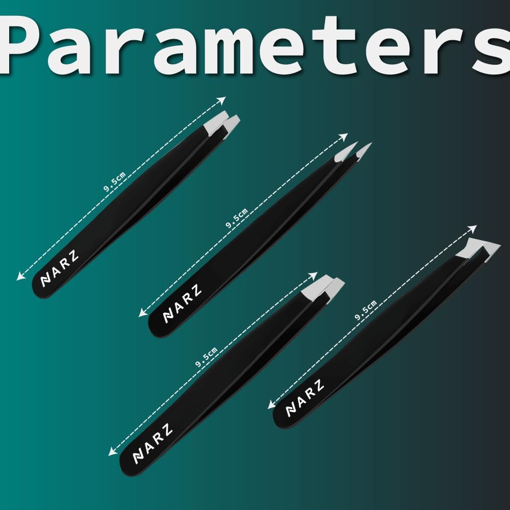 NARZ Stainless Steel Precision Tweezers Set (4 pcs) for Facial & Ingrown Hair Care