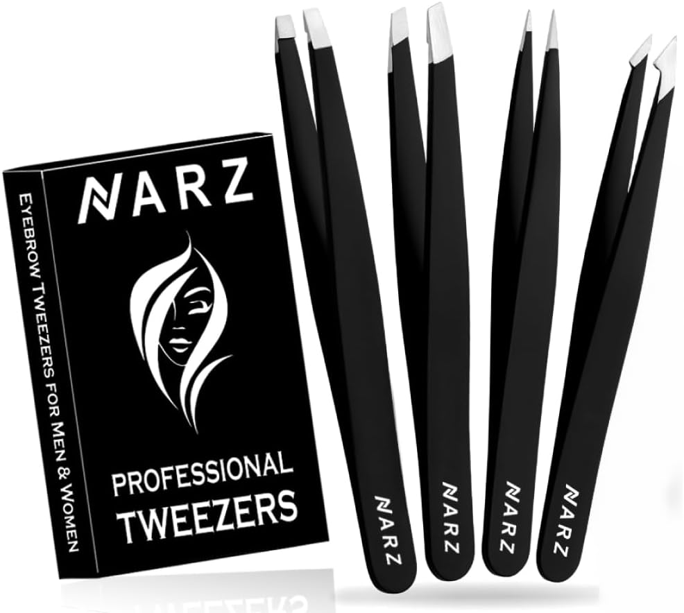 NARZ Stainless Steel Precision Tweezers Set (4 pcs) for Facial & Ingrown Hair Care