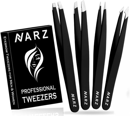 NARZ Stainless Steel Precision Tweezers Set (4 pcs) for Facial & Ingrown Hair Care