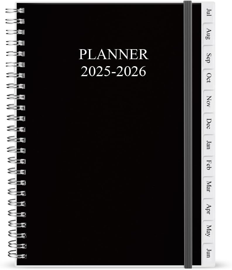 2025-2026 Diary, A5 Weekly Planner with Monthly Tabs, July 2025 - June 2026, Back Pocket, Planner 2025-2026 with Elastic Closure, Flexible Cover, 14.8×21cm, Black