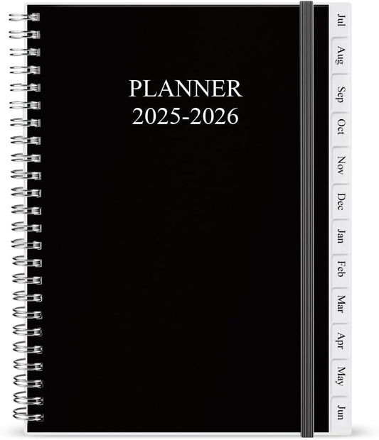 2025-2026 Diary, A5 Weekly Planner with Monthly Tabs, July 2025 - June 2026, Back Pocket, Planner 2025-2026 with Elastic Closure, Flexible Cover, 14.8×21cm, Black