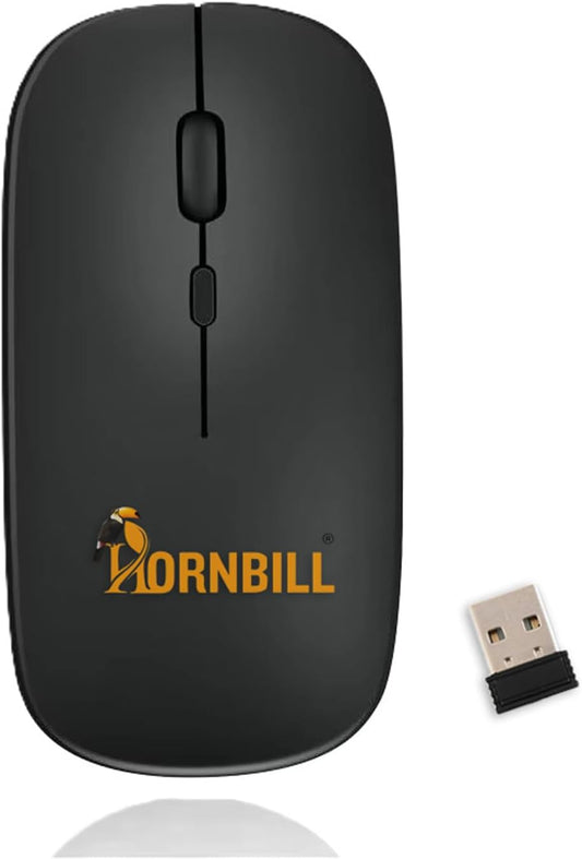 HORNBILL Wireless Mouse Rechargable, Upgraded, Ultra Slim Silent 2.4G Cordless Mouse 1600 DPI with USB Receiver for Laptop PC Computer Mac Tablet, Battery Level Visible, Black