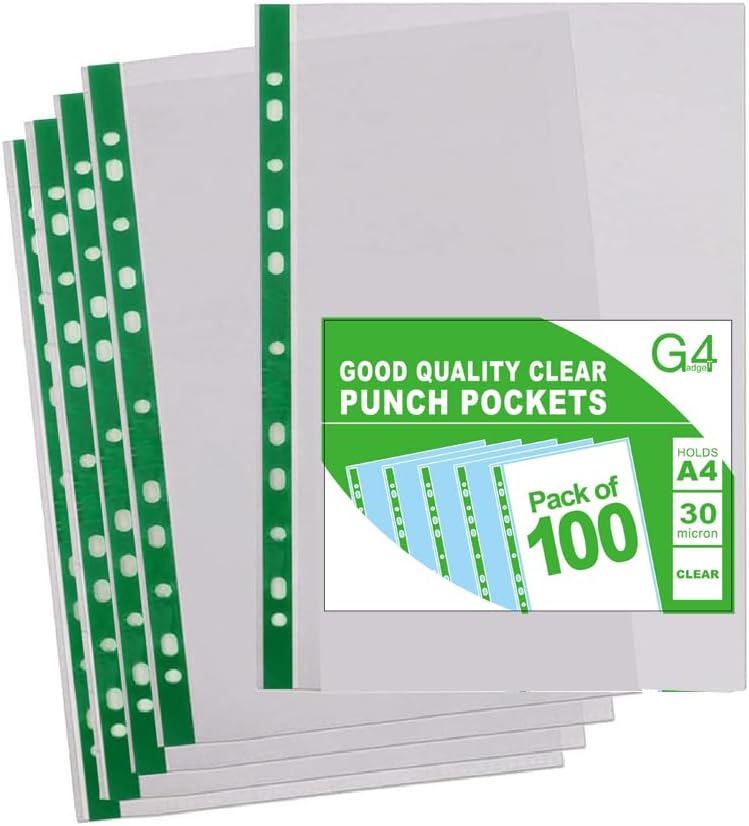 100 A4 Clear Plastic Punched Pockets – 30 Micron Sheet Protectors for Files & Folders